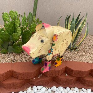 Lifesized Handcrafted Metal Pig with Boots Yard Art Garden Decor